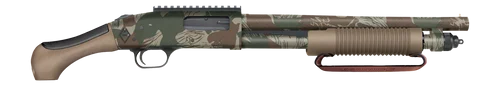 Mossberg 590 Blikesem, 12 Ga, 14.375" Barrel, Rhodesian Brushstroke Camo, FDE AfterShock Grip and Forend Strap, Picatinny Rail, 5 Rd