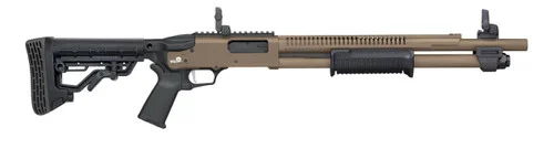 Mossberg 590R 12 Ga Pump 3" 6rd,18.50" Flat Dark Earth Cerakote Heat Shield Barrel, Flat Dark Earth Cerakote Steel Receiver, Black AR Mil-Spec Adjustable Synthetic Stock, Black Magpul Grip