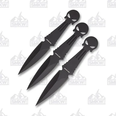Neptune Trading AeroBlades Fixed Knife 6in Black Skull Head 3pc Throwing Knife Set with Sheath NTAB2BK