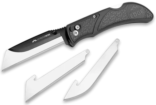 Outdoor Edge Razorwork, Folding Knife, Plain Edge, 3" Blades, Black Oxide Finish, 420J2 Stainless, Gray Handle, Includes (2) Utility Blades and (1) Drop Point Blade