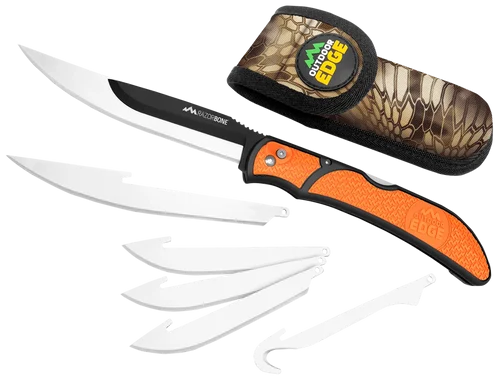 Outdoor Edge Razorwork, Folding Knife, Plain Edge, Black Oxide Finish, 420J2 Stainless, Orange Handle, Includes (2) Boning/Filet Knives, (3) Drop-Point Blades, and (1) Gutting Blade