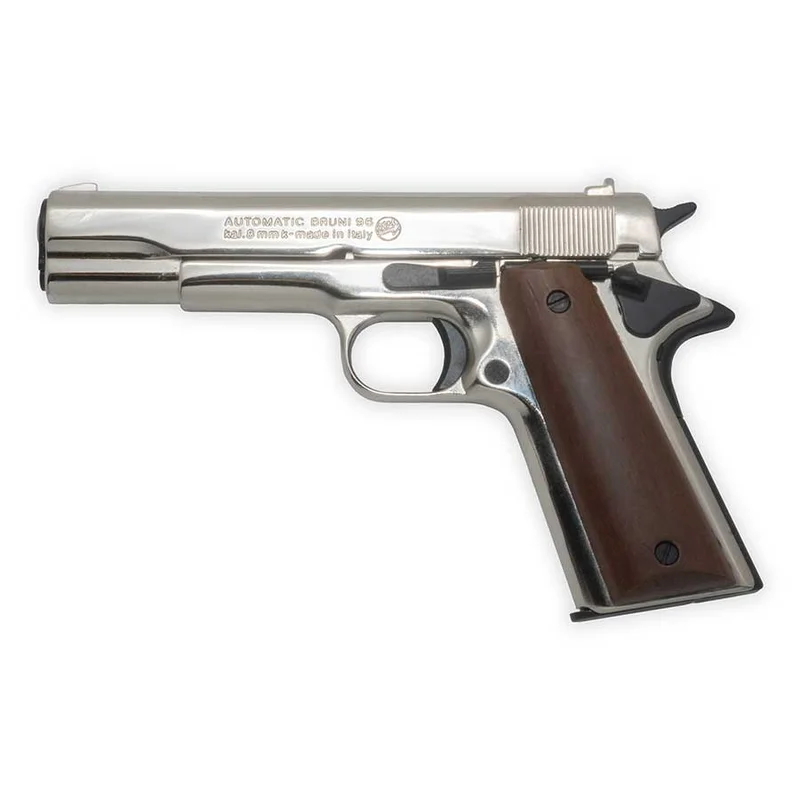 Pistola de fogueo Bruni 1911 | Semiautomática, de percusión superior, calibre 8 mm PAK | Acabado niquelado con cachas de madera oscura