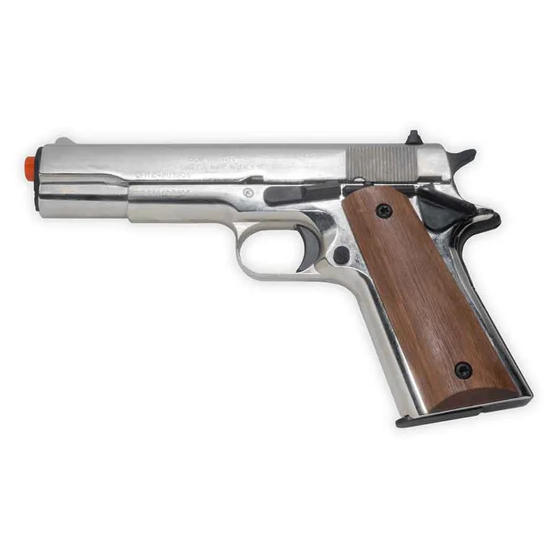 Pistola de fogueo Kimar 1911 | Semiautomática, de disparo frontal, calibre 9 mm PAK | Cachas de madera con acabado niquelado