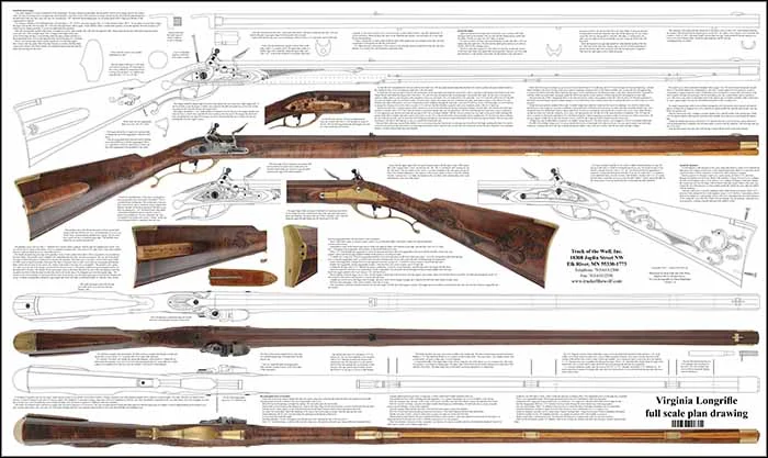 Plan drawing,full exact size, on 36 x 61" bond paper,tips and hints for assembly,to build a Virginia Longrifle