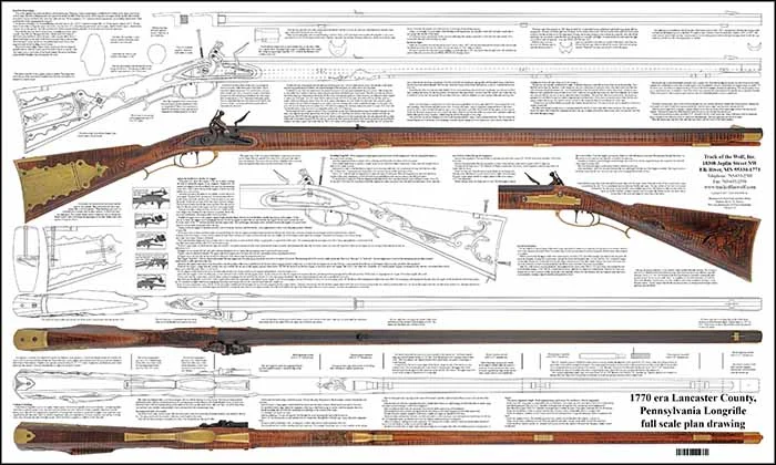 Plan Drawing,in the style of Isaac Haines with 42" swamped barrel,1770 era Lancaster County longrifle,full size drawing with full size color photo