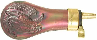 Powder Flask,for Colt Pocket Model Revolver,copper, with embossed Eagle motif,accepts 8-.75mm threaded spouts