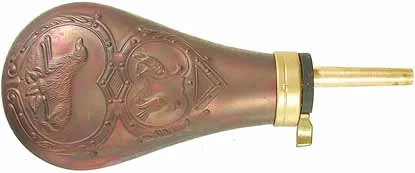 Powder Flask,Remington Pistol style flask,copper, with patina finish,accepts 10-1mm threaded spouts