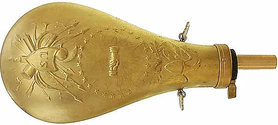 Powder Flask,U. S. Model 1855Peace & Friendship,brass, with lanyard ringsaccepts 10-1mm threaded spouts