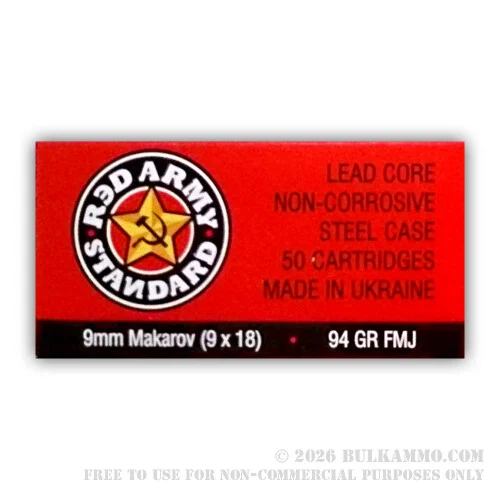 750 Rounds of 9x18mm Makarov Ammo by Red Army Standard - 94gr FMJ