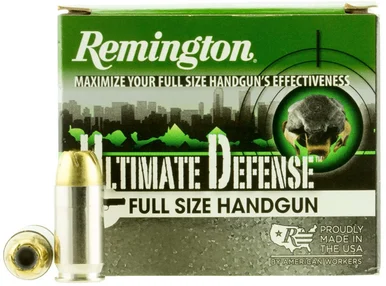 Remington Ultimate Defense Full Size Handgun 45 ACP +P Ammunition 185 Grain Nickel Plated Centerfire 20 Rounds BJHP HD45APC