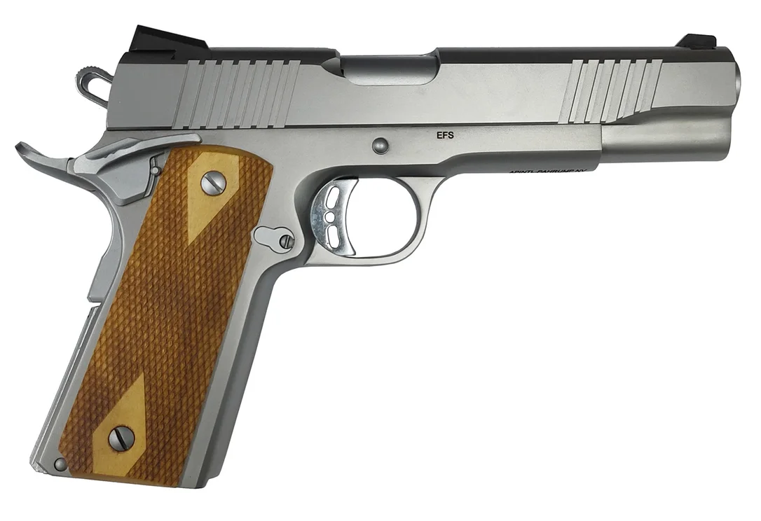 Rock Island 56865 Rock Standard FS Full Size 10mm Auto 8+1 5″ Stainless Steel Barrel & Serrated Slide, Matte Stainless Steel Frame w/Beavertail, Wood Double Checkered Grip