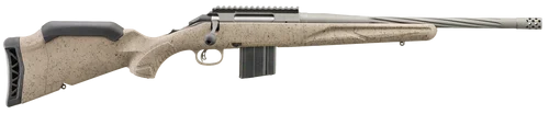 Ruger American Ranch, Generation II 22 ARC, 16.1" Spiral Fluted Barrel, 1:7 Twist, Threaded 1/2"-28, Muzzle Brake, Cerakote Cobalt, Flat Dark Earth Splatter Synthetic Stock, Manual Safety, Picatinny, 10rd