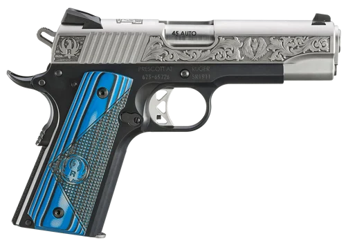 Ruger SR1911 Newport NH Edition 45 ACP, 4.25" Barrel, Aluminum, Black with Engraved Silver Slide, Blue/Black Grips, Novak Sights, 2x7rd