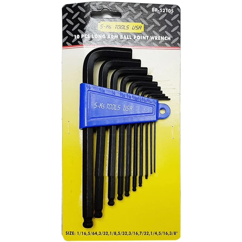 S-Ks 10pcs. BP-5210S Long Arm Hex Allen Wrench Key Ball Point End (1/16″-3/8″)