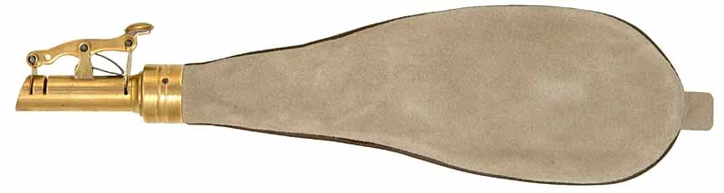 Shot flask,adjustable brassEnglish charger head,sueded leather body