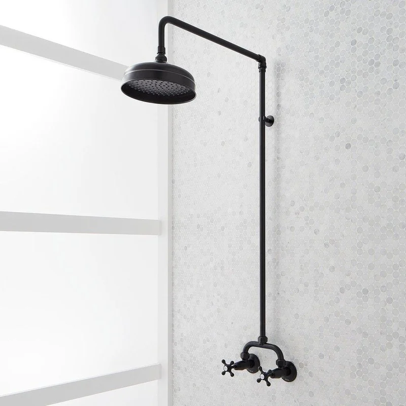 Signature Hardware Baudette Two Handle Exposed Pipe Shower with Rainfall Showerhead in Brushed Gold | Ferguson