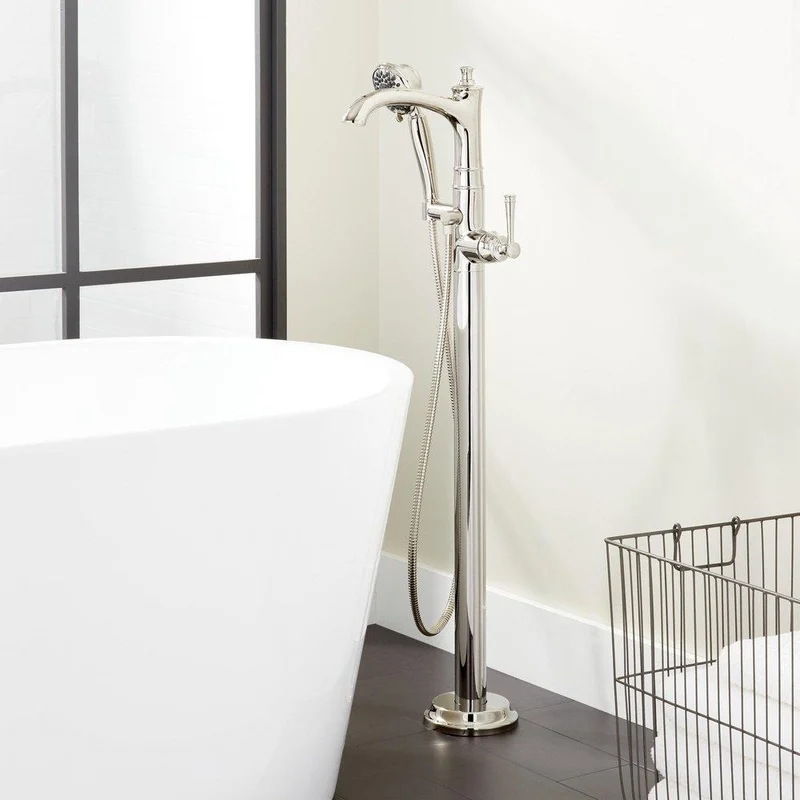 Signature Hardware Beasley Floor Mount Tub Filler Faucet with Hand Shower in Polished Chrome | Ferguson