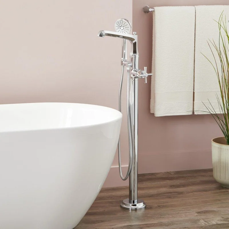 Signature Hardware Elita Floor Mount Tub Filler Faucet with Hand Shower in Chrome – Includes Cross Handle | Ferguson