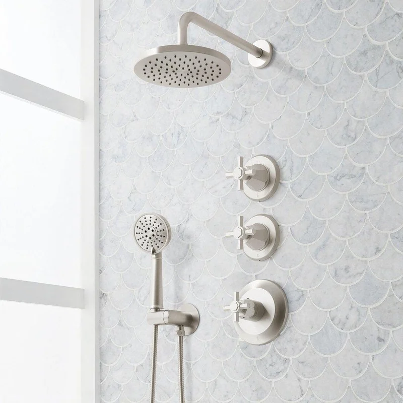 Signature Hardware Elita Shower System with Hand Shower and Cross Handles in Brushed Nickel | Ferguson