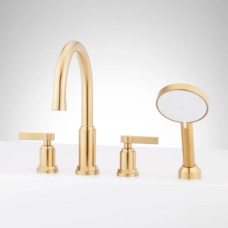 Signature Hardware Greyfield 4-Hole Roman Tub Faucet and Hand Shower in Brushed Gold | Ferguson