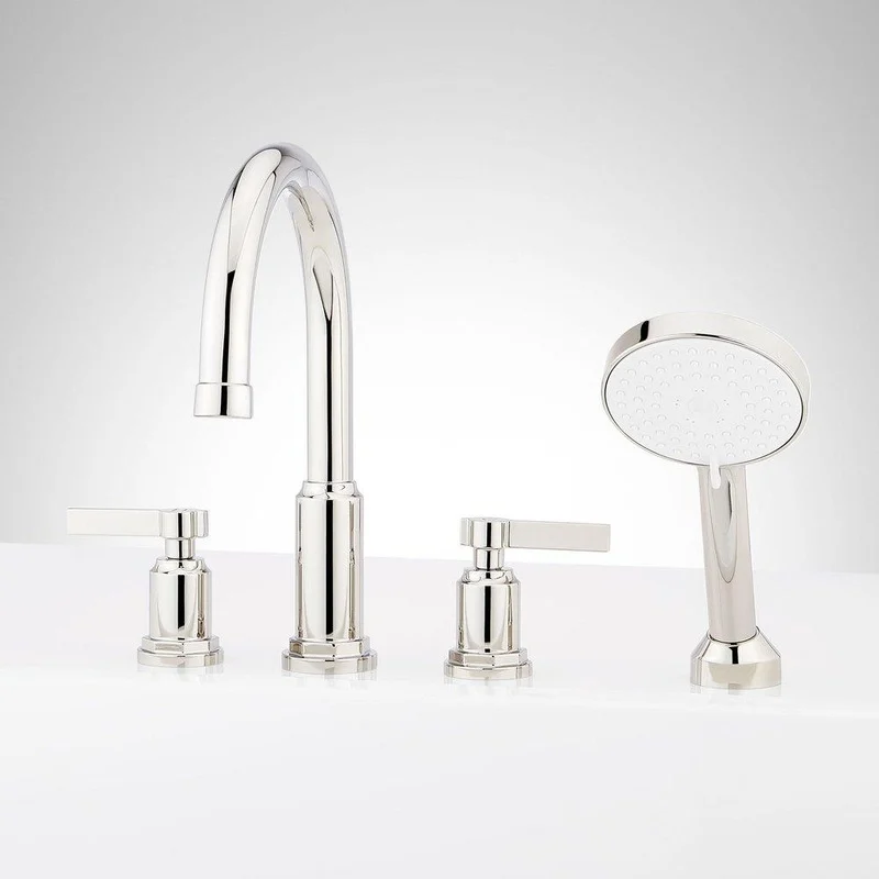 Signature Hardware Greyfield 4-Hole Roman Tub Faucet and Hand Shower in Polished Nickel | Ferguson