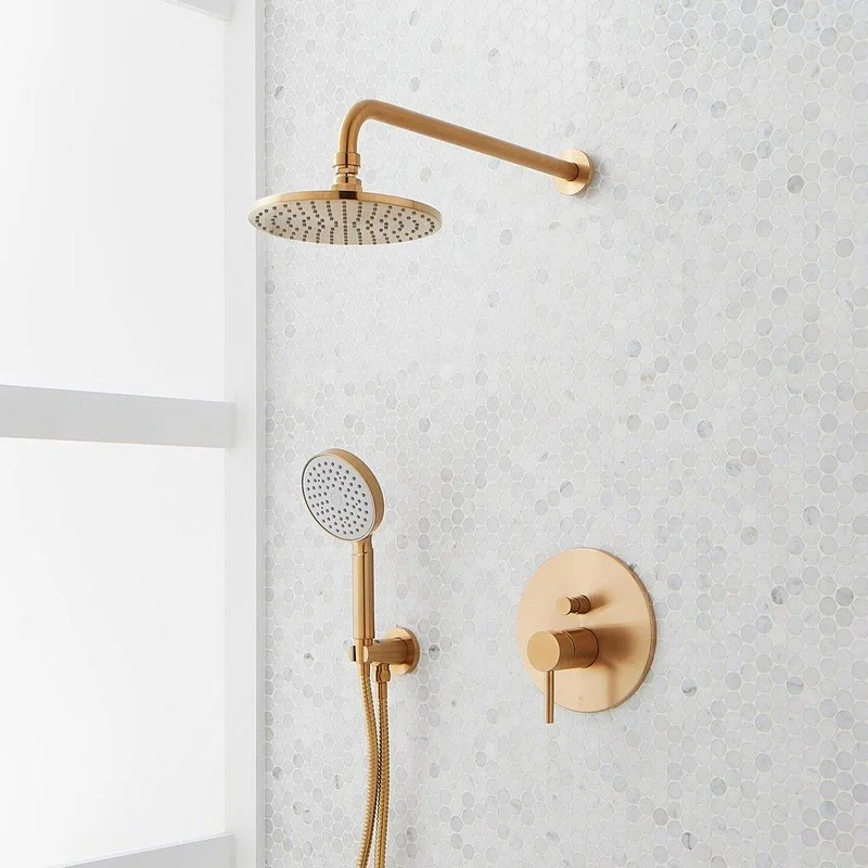 Signature Hardware Lattimore Single Handle Shower System with Rainfall Showerhead and Hand Shower in Brushed Gold | Ferguson
