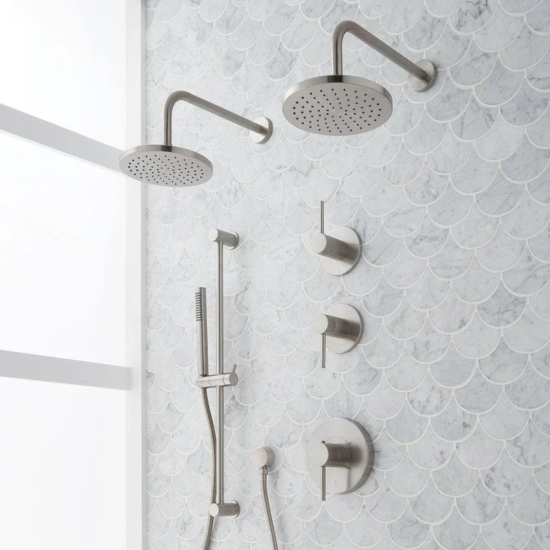 Signature Hardware Lexia Three Handle Single Function Shower System Set in Brushed Nickel with Dual Showerheads and Hand Shower | Ferguson