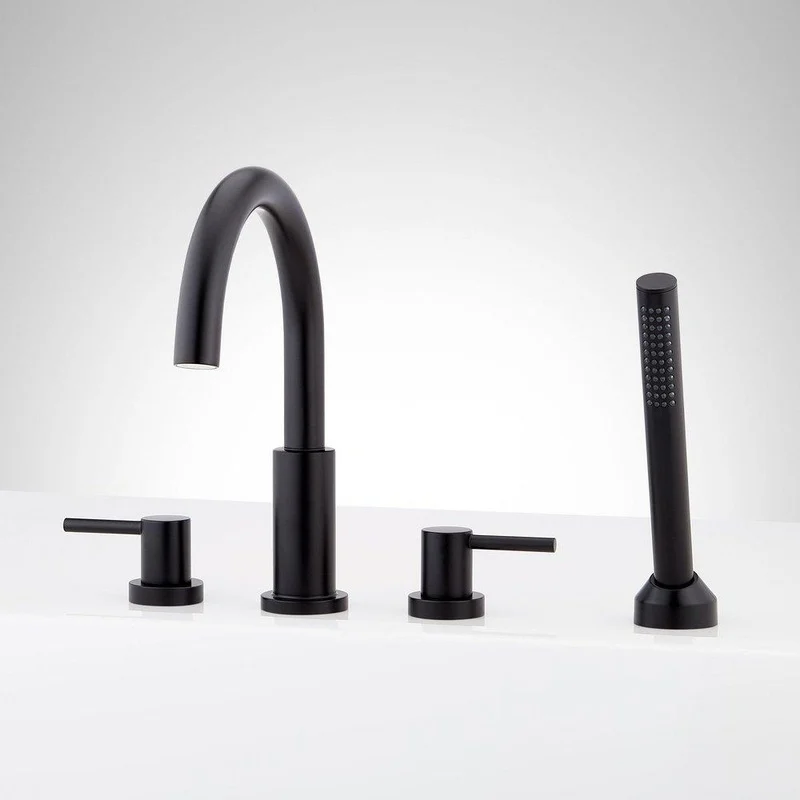 Signature Hardware Lexia Two Handle Roman Tub Filler Faucet with Hand Shower in Polished Nickel | Ferguson
