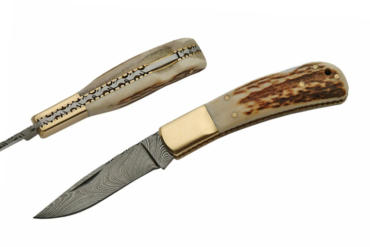 Single Bolster Lockback Stag Damascus Folding Knife