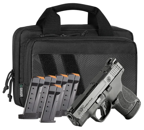 Smith & Wesson M&P Shield Plus Bundle Compact Slim Frame 9mm 3.10" Barrel & Optic Ready/Serrated Slide, Black Polymer Frame, Black Textured Grip, Bag & 6 Mags
