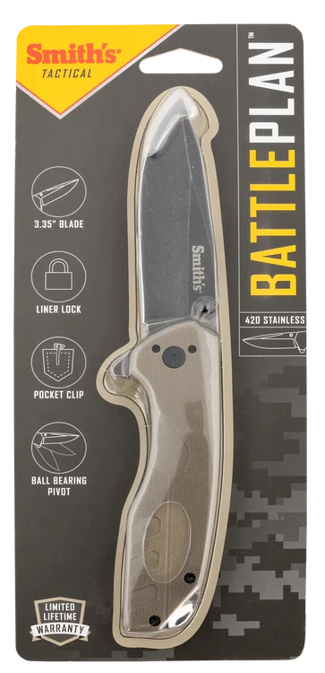 Smiths Products BattlePlan 3.35" Folding Drop Point Plain Black Stonewashed 400 SS Blade/ Desert Tan G10 Handle Includes Pocket Clip