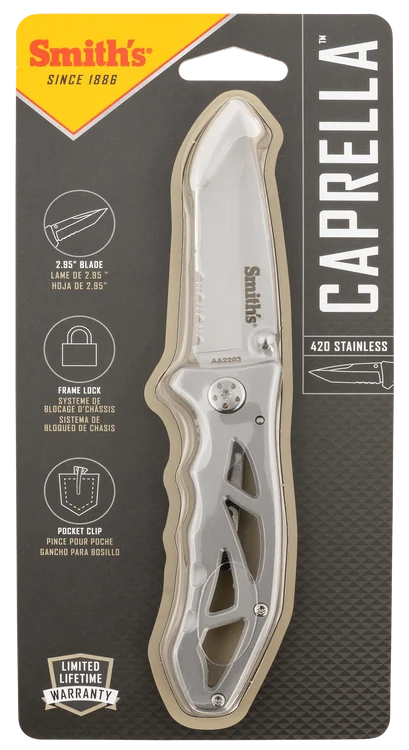 Smiths Products Caprella 2.95" Folding Drop Point Part Serrated Bead Blasted 400 SS Blade/Silver Skeletonized Stainless Steel Handle Includes Pocket Clip