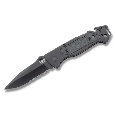 SOG Escape Folding Knife 3.4in Partially Serrated Black Clip Point SOGFF25