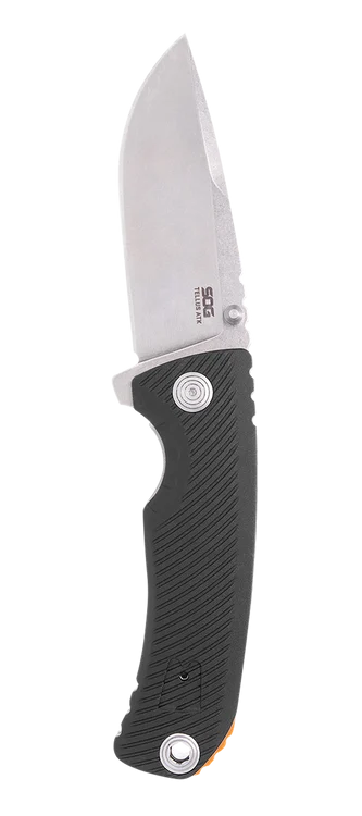 SOG Knives & Tools Tellus ATK, Folding Knife, 3.5" Clip Point Straight Edge, Glass Reinforced Nylon Handle, Cryo 440C, Stonewash Finish, Black and Silver Orange Accent