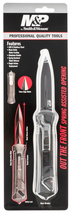 SW Knives M&P Out The Front 3.50" Black Oxide High Carbon Stainless Steel Drop Point Aluminum Handle Folding