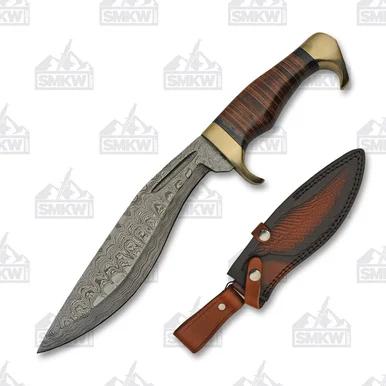SZCO Supplies 13.5in Stacked Leather Kukri Damascus Fixed Blade Knife DM1232