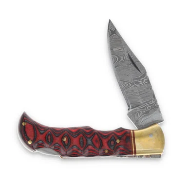 SZCO Supplies Red and Black Twisted Wood Lockback Folding Knife DM1284