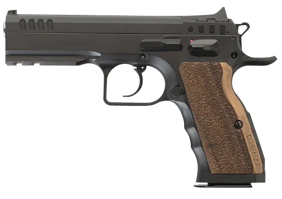 Tanfoglio IFG TF-STOCKI-9SF Defiant Stock I 9mm Luger Caliber with 4.50″ Barrel, 16+1 Capacity, Overall Black Finish Steel, Picatinny Rail/Beavertail Short Frame, Serrated Slide & Wood Grip