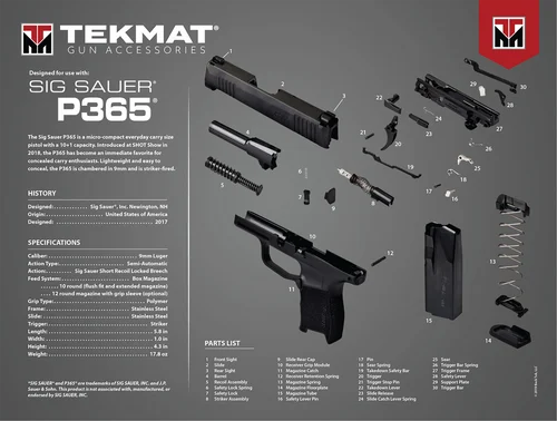 TekMat Ultra Mat, Sig P365, Cleaning Mat, Thermoplastic Surface Protects Gun From Scratching, 1/4" Thick, 15"X20", Tube Packaging, Black