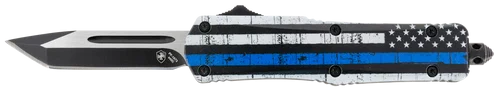 Templar Knife Gen II Back The Blue Small 2.69" OTF Tanto Plain Black Oxide Stonewashed 440C SS Blade, 4.31" Black & White Blue Line Aluminum Handle, Glass Breaker