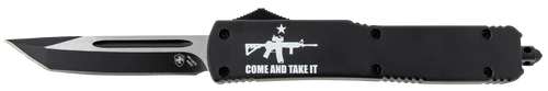 Templar Knife Gen II Come And Take It Slim 3.43" OTF Tanto Plain Black Oxide Stonewashed 440C SS Blade, 5.05" Black"Come And Take It" AR-15 Gun Aluminum Handle, Glass Breaker