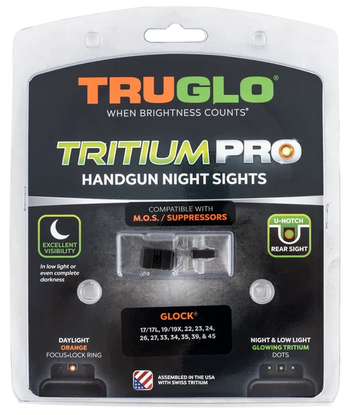 TRUGLO Tritium Pro Brite Site Day / Night Sight Set Fits Glock M.O.S. 17/19/34/35/45, Front Sight Color GreenOrange Focus Lock Ring, Rear Sight Green, Glows In The Dark No Batteries Or Light Exposure Required
