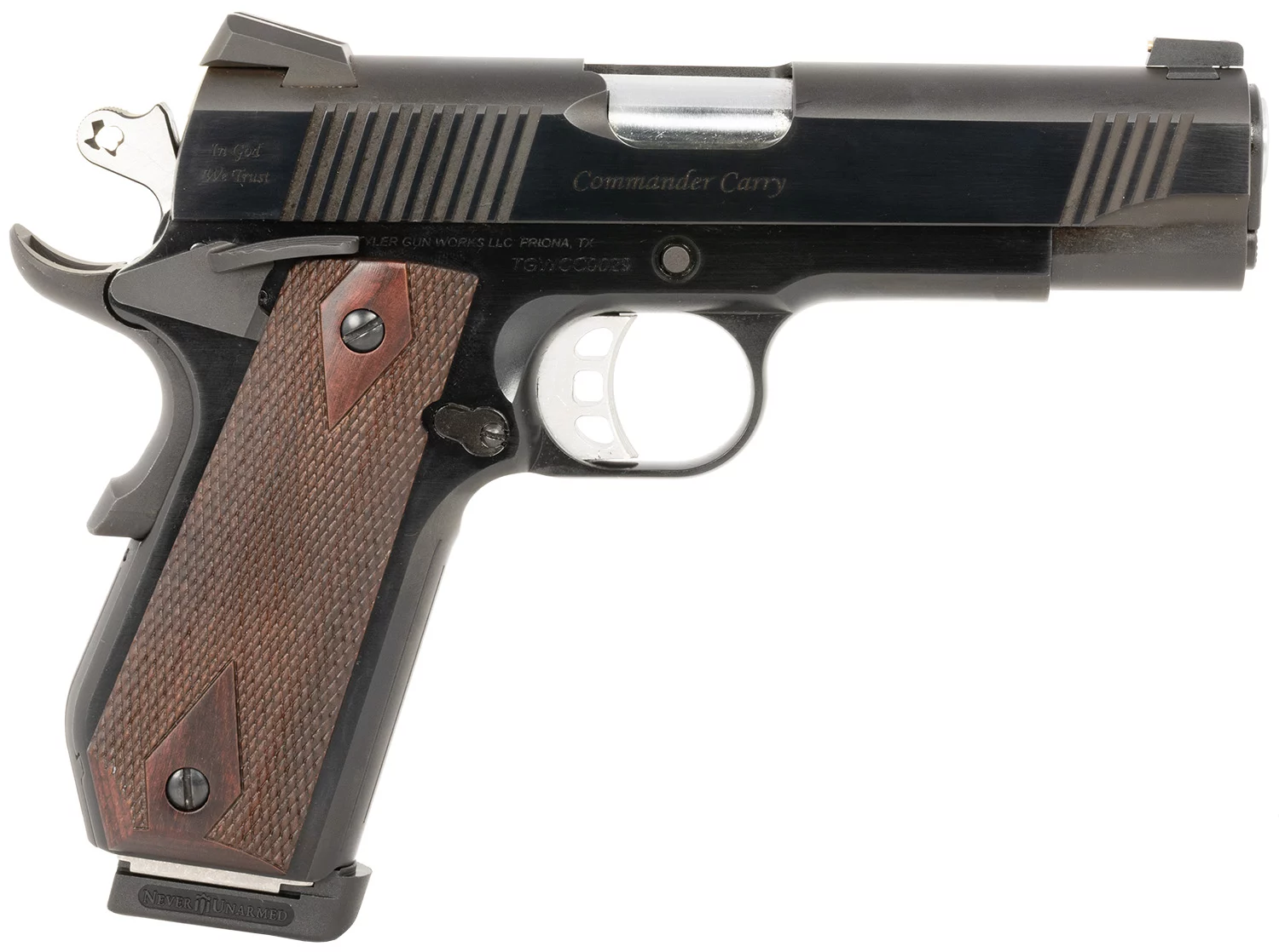 Tyler Gun Works TGWCMBL45 Custom 1911 Commander 45 ACP 7+1 4.25″ Stainless Match Grade Barrel, Blued Serrated Steel Slide, Blued Steel Frame w/Beavertail, Walnut Grip