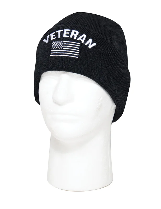 Veteran With US Flag Fine Knit Watch Cap – Black