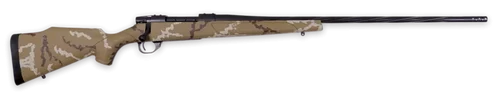 Weatherby Vanguard Outfitter 22-250 Remington, 24" Threaded Barrel, Tan w/ Brown & White Sponge Camo, Black Rec, 5rd