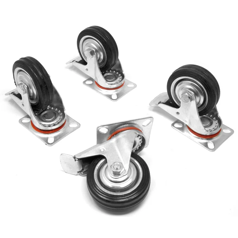 WEN CA5113B 3-Inch 110-Pound Capacity Roller-Bearing Rubber Swivel Plate Caster with Brake (4-Pack)