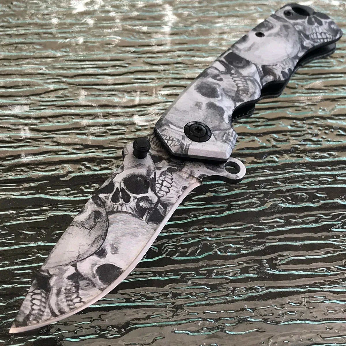 Zombie Skull Gothic White Black Gray Assisted Folding Pocket Knife